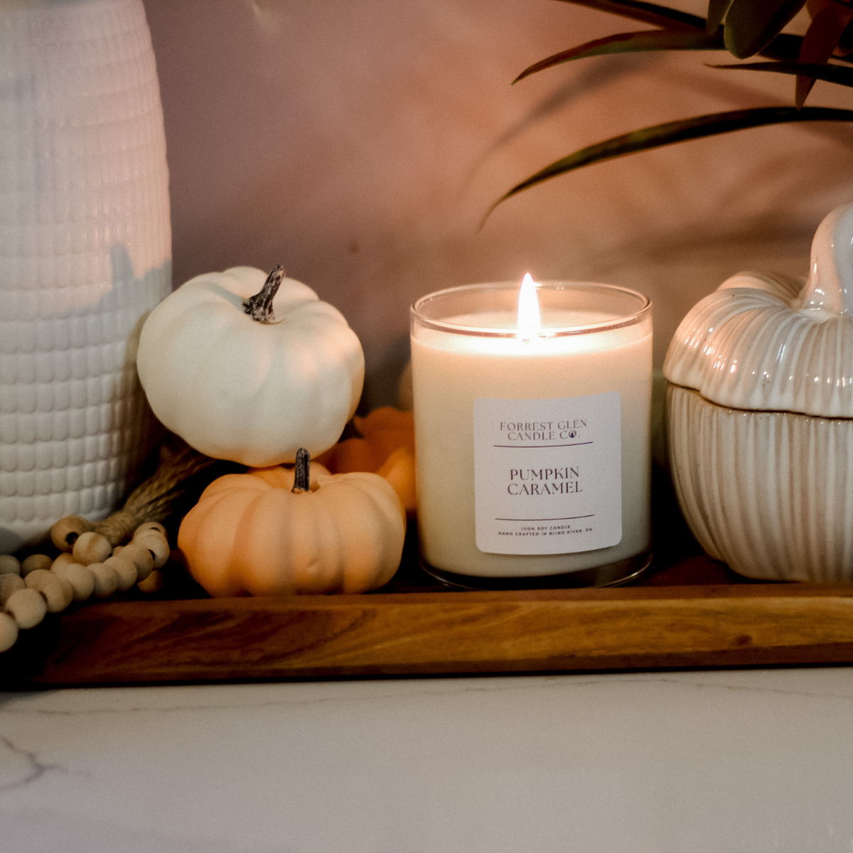 lit soy wax candle on a wooden decor board with small multicoloured decor pumpkins, candle is in the fragrance pumpkin caramel