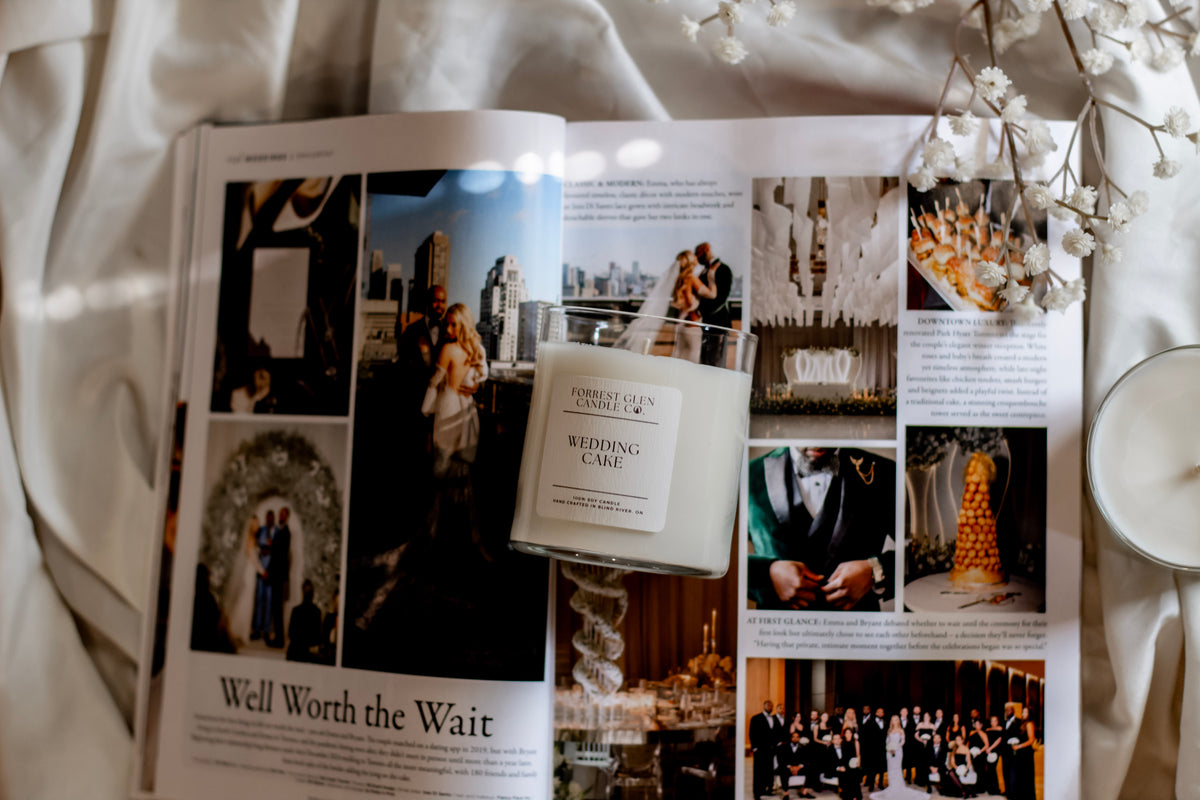 wedding cake candle on a wedding magazine
